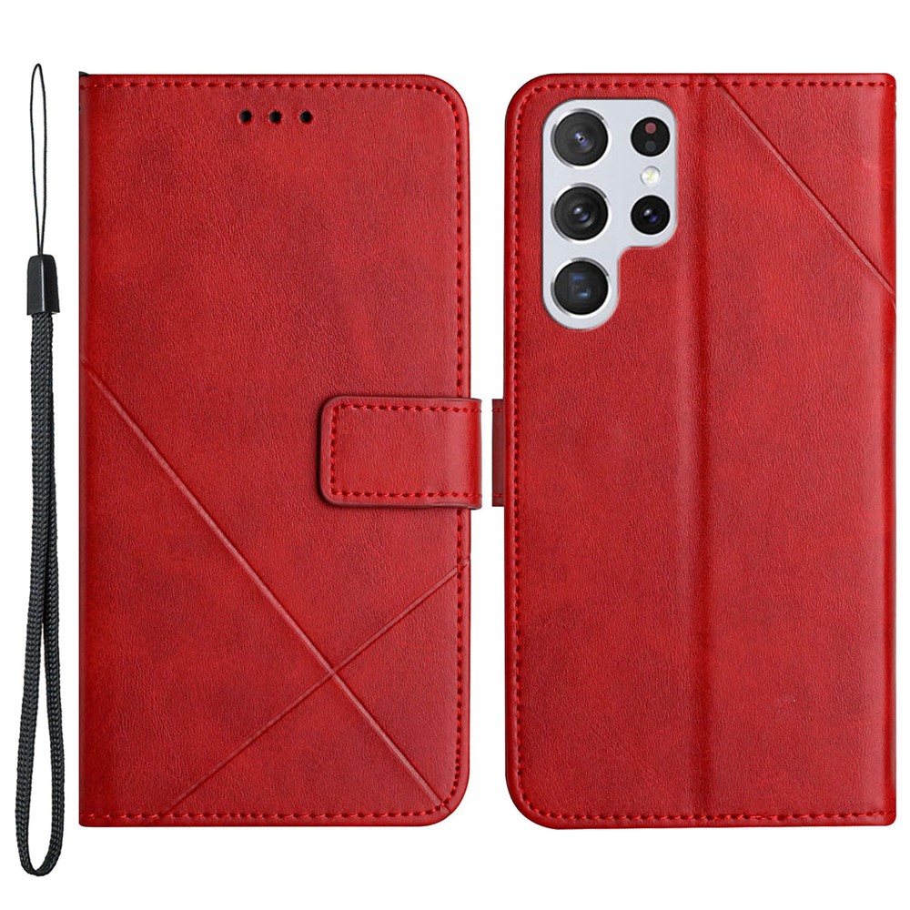Stripes Design Solid Color PU Leather Phone Wallet Case with Foldable Stand for Samsung Galaxy S22 Ultra - Red-1
