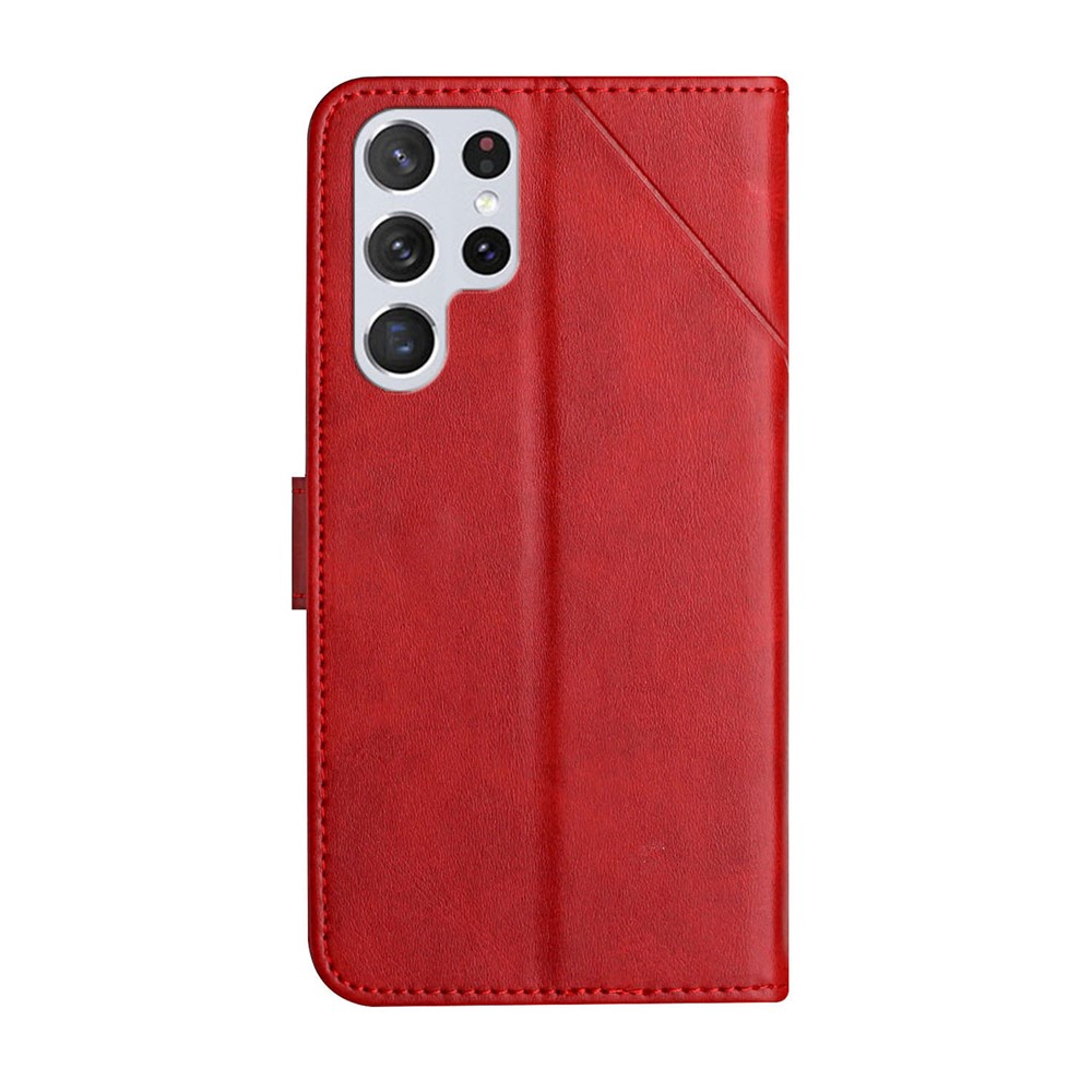 Stripes Design Solid Color PU Leather Phone Wallet Case with Foldable Stand for Samsung Galaxy S22 Ultra - Red-3