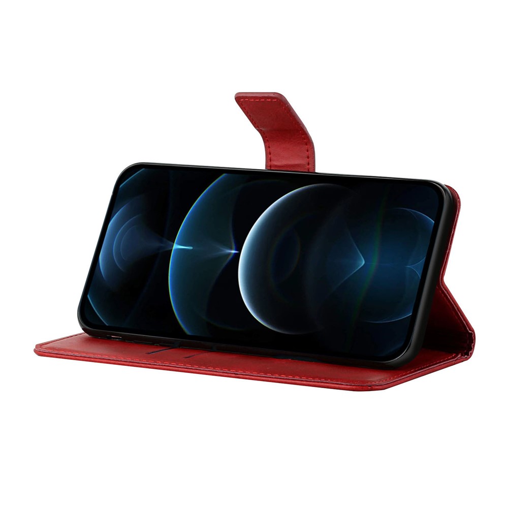 Stripes Design Solid Color PU Leather Phone Wallet Case with Foldable Stand for Samsung Galaxy S22 Ultra - Red-4