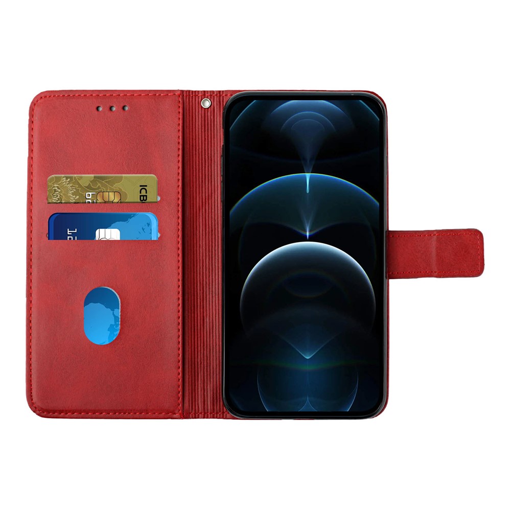 Stripes Design Solid Color PU Leather Phone Wallet Case with Foldable Stand for Samsung Galaxy S22 Ultra - Red-5