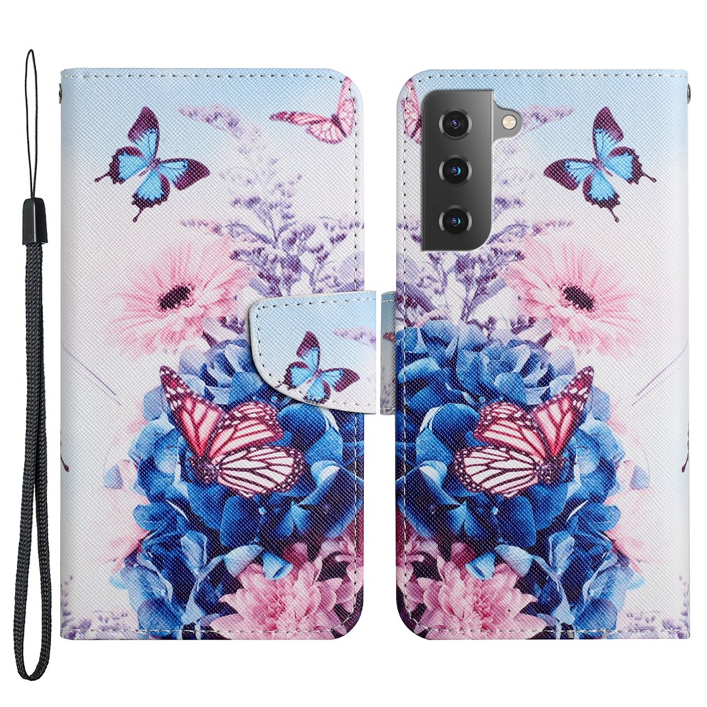 Cross Texture Pattern Printing All-round Protection Leather Phone Case Stand Wallet Shell with Hand Strap for Samsung Galaxy S22 Plus - Purple Butterfly-1