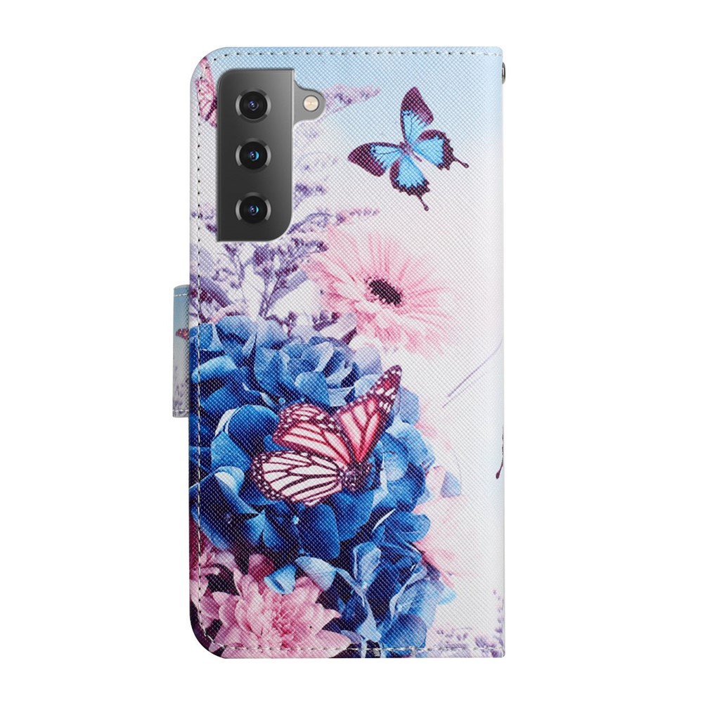 Cross Texture Pattern Printing All-round Protection Leather Phone Case Stand Wallet Shell with Hand Strap for Samsung Galaxy S22 Plus - Purple Butterfly-3