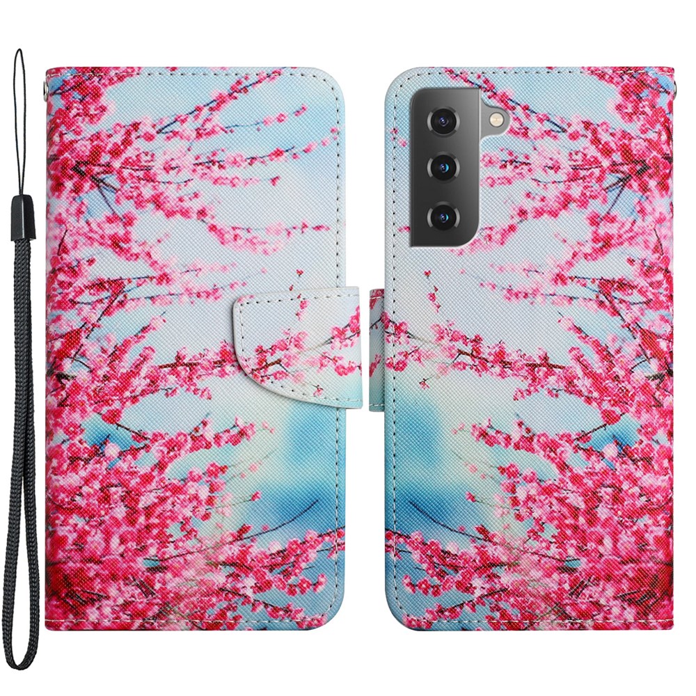 Pattern Printing All-round Protection Leather Phone Case Wallet Stand Cover Shell with Wrist Strap for Samsung Galaxy S22 - Red Cherry Blossoms-1