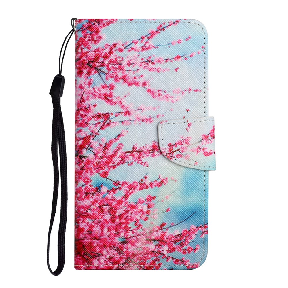 Pattern Printing All-round Protection Leather Phone Case Wallet Stand Cover Shell with Wrist Strap for Samsung Galaxy S22 - Red Cherry Blossoms-2