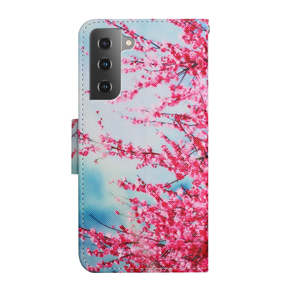 Pattern Printing All-round Protection Leather Phone Case Wallet Stand Cover Shell with Wrist Strap for Samsung Galaxy S22 - Red Cherry Blossoms-3