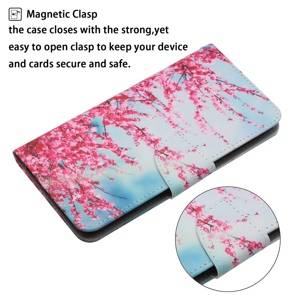 Pattern Printing All-round Protection Leather Phone Case Wallet Stand Cover Shell with Wrist Strap for Samsung Galaxy S22 - Red Cherry Blossoms-6