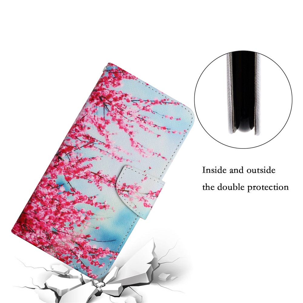 Pattern Printing All-round Protection Leather Phone Case Wallet Stand Cover Shell with Wrist Strap for Samsung Galaxy S22 - Red Cherry Blossoms-7