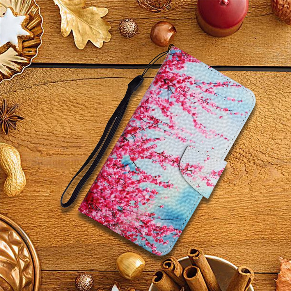 Pattern Printing All-round Protection Leather Phone Case Wallet Stand Cover Shell with Wrist Strap for Samsung Galaxy S22 - Red Cherry Blossoms-8