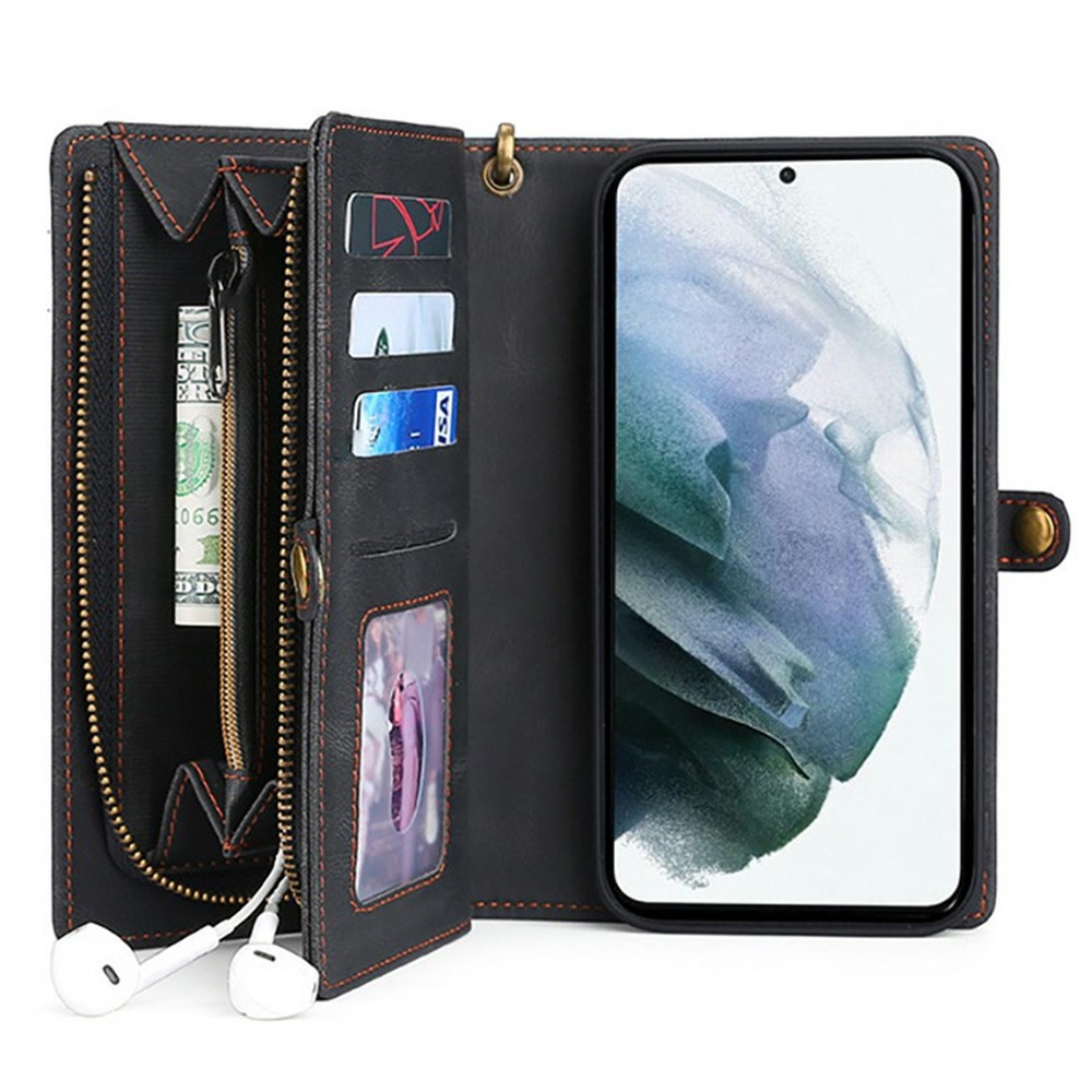 MEGSHI 017 Series Handy Strap Drop-proof Magnetic Absorption Multi-function Zippered Wallet Detachable Leather Cover for Samsung Galaxy S21 FE 5G/S21 Fan Edition - Black-1