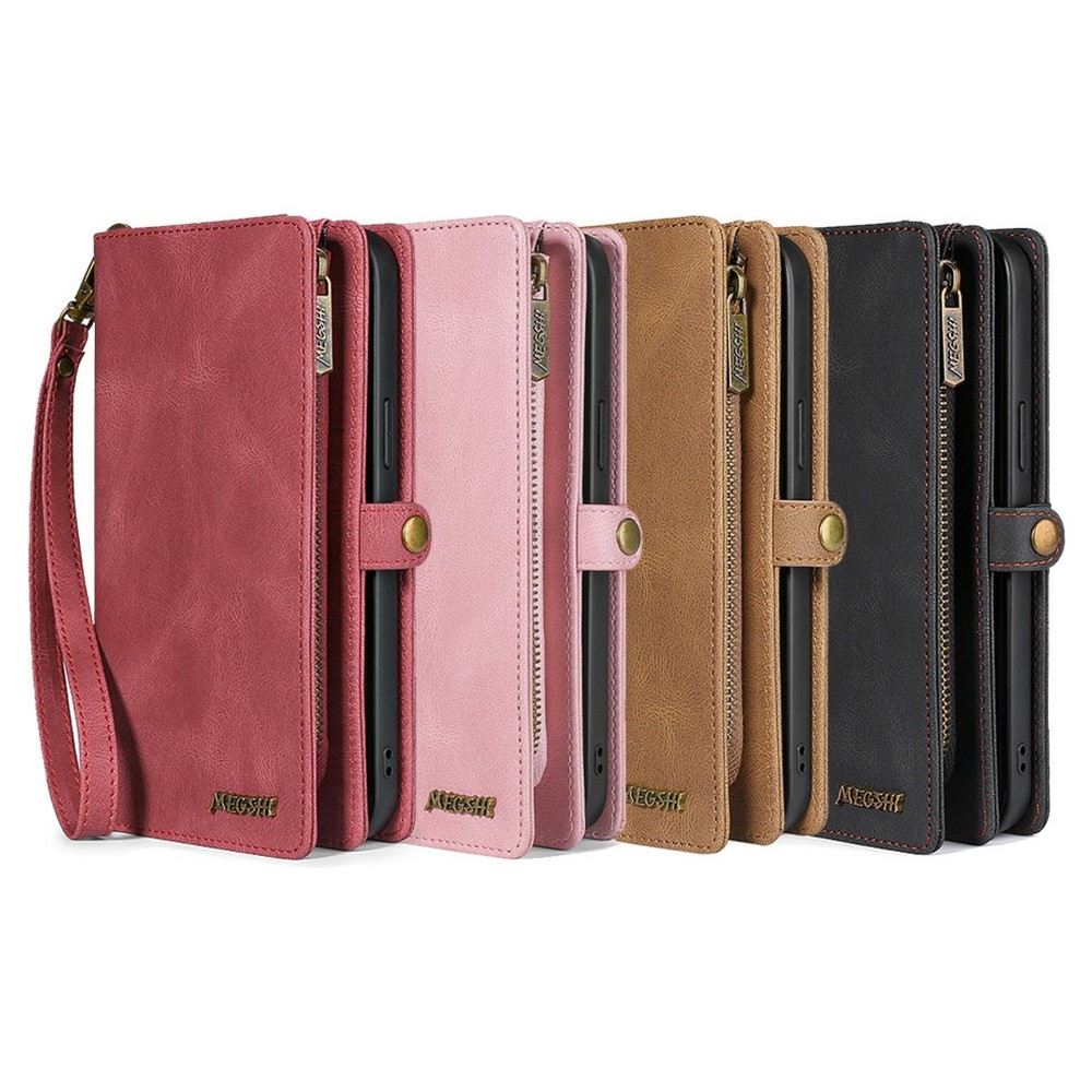 MEGSHI 017 Series Handy Strap Drop-proof Magnetic Absorption Multi-function Zippered Wallet Detachable Leather Cover for Samsung Galaxy S21 FE 5G/S21 Fan Edition - Black-11