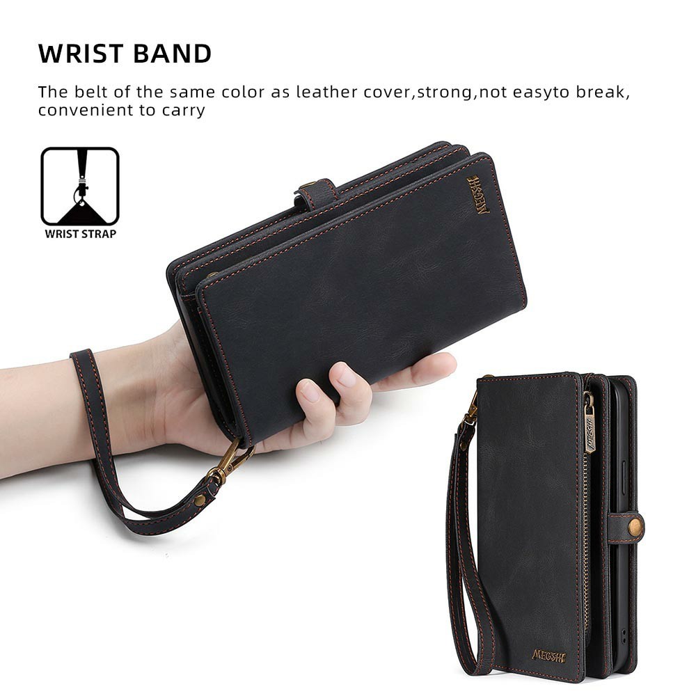 MEGSHI 017 Series Handy Strap Drop-proof Magnetic Absorption Multi-function Zippered Wallet Detachable Leather Cover for Samsung Galaxy S21 FE 5G/S21 Fan Edition - Black-2