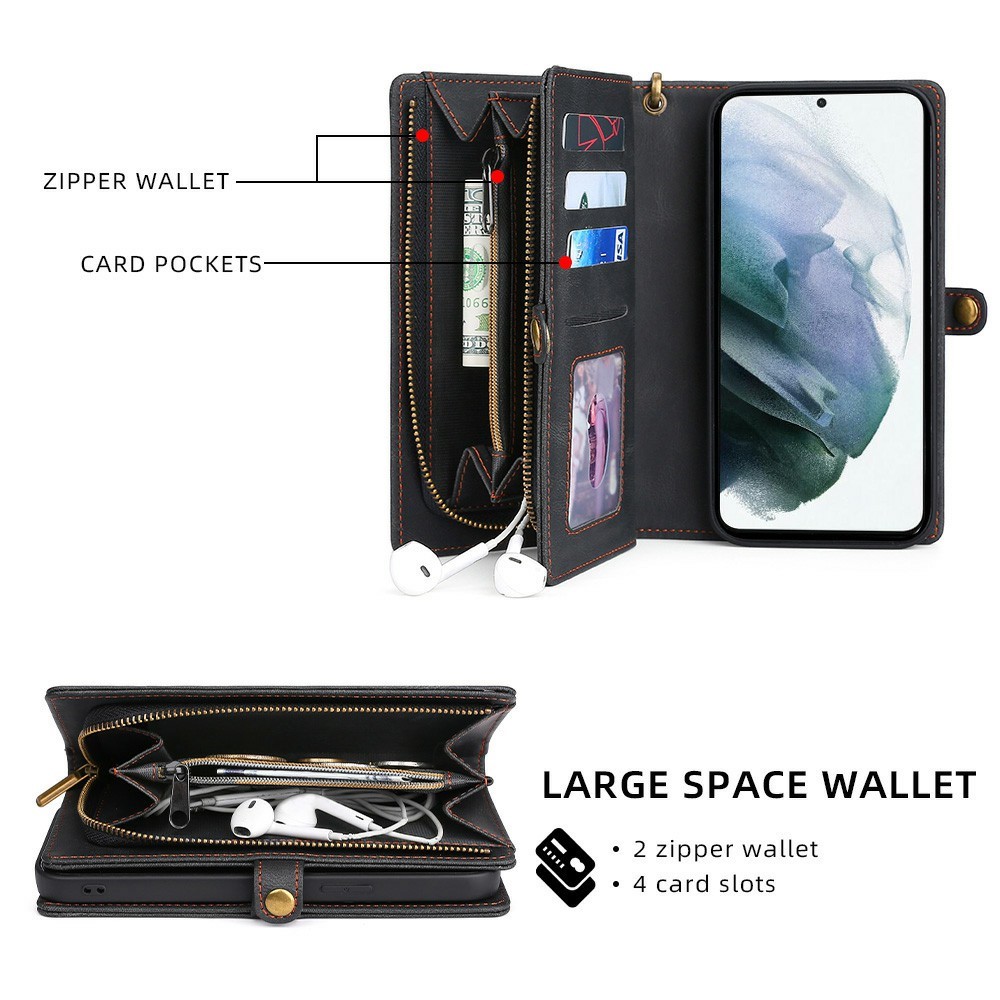 MEGSHI 017 Series Handy Strap Drop-proof Magnetic Absorption Multi-function Zippered Wallet Detachable Leather Cover for Samsung Galaxy S21 FE 5G/S21 Fan Edition - Black-3