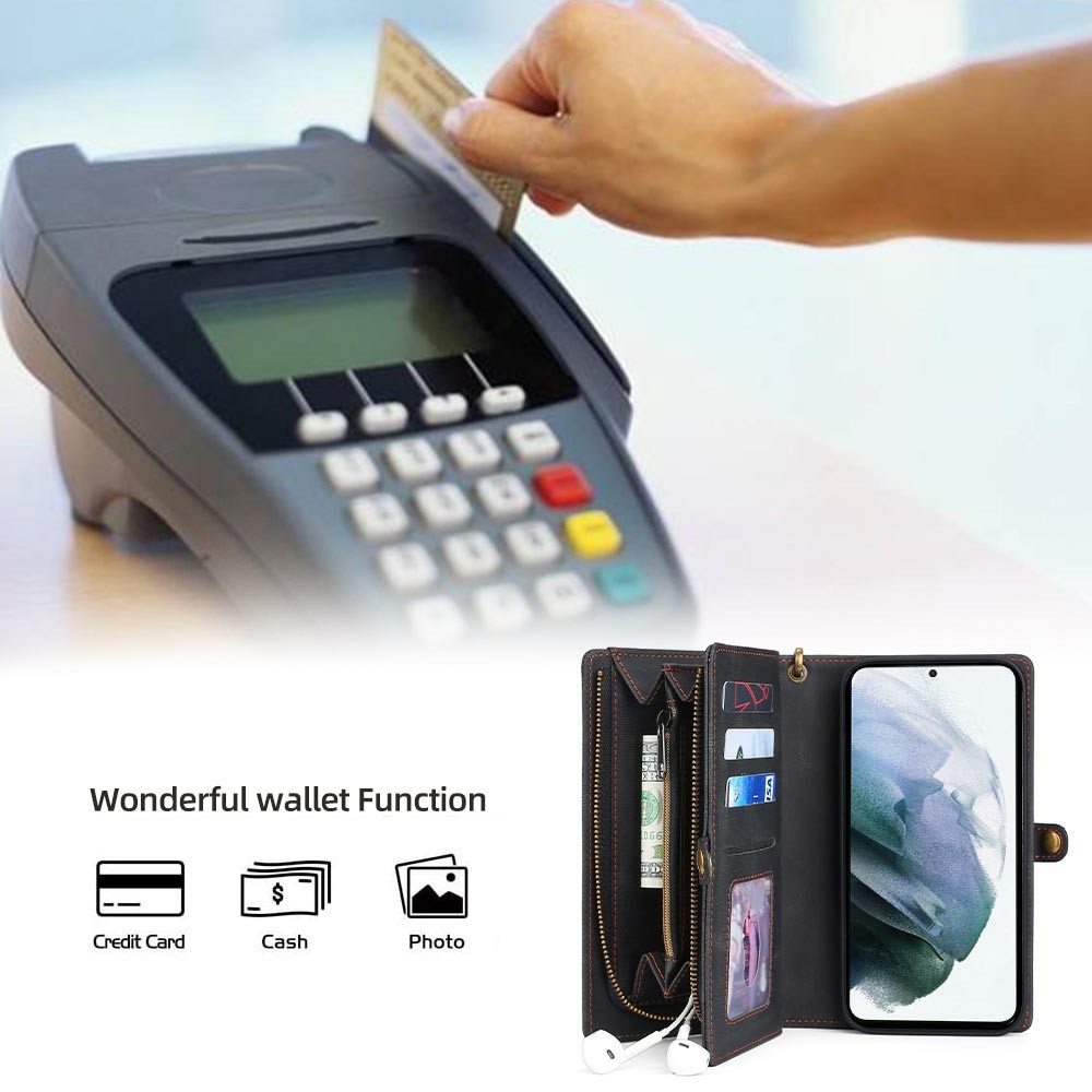 MEGSHI 017 Series Handy Strap Drop-proof Magnetic Absorption Multi-function Zippered Wallet Detachable Leather Cover for Samsung Galaxy S21 FE 5G/S21 Fan Edition - Black-4