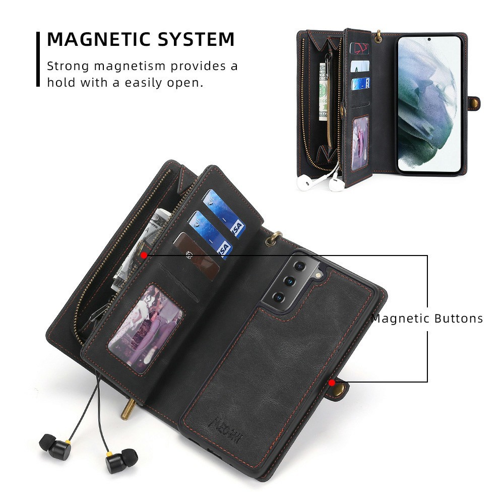 MEGSHI 017 Series Handy Strap Drop-proof Magnetic Absorption Multi-function Zippered Wallet Detachable Leather Cover for Samsung Galaxy S21 FE 5G/S21 Fan Edition - Black-5
