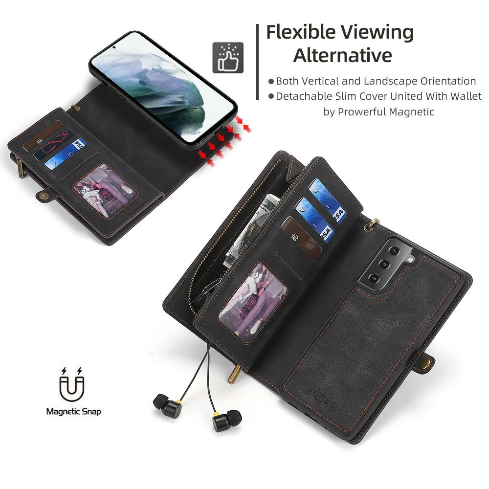 MEGSHI 017 Series Handy Strap Drop-proof Magnetic Absorption Multi-function Zippered Wallet Detachable Leather Cover for Samsung Galaxy S21 FE 5G/S21 Fan Edition - Black-6