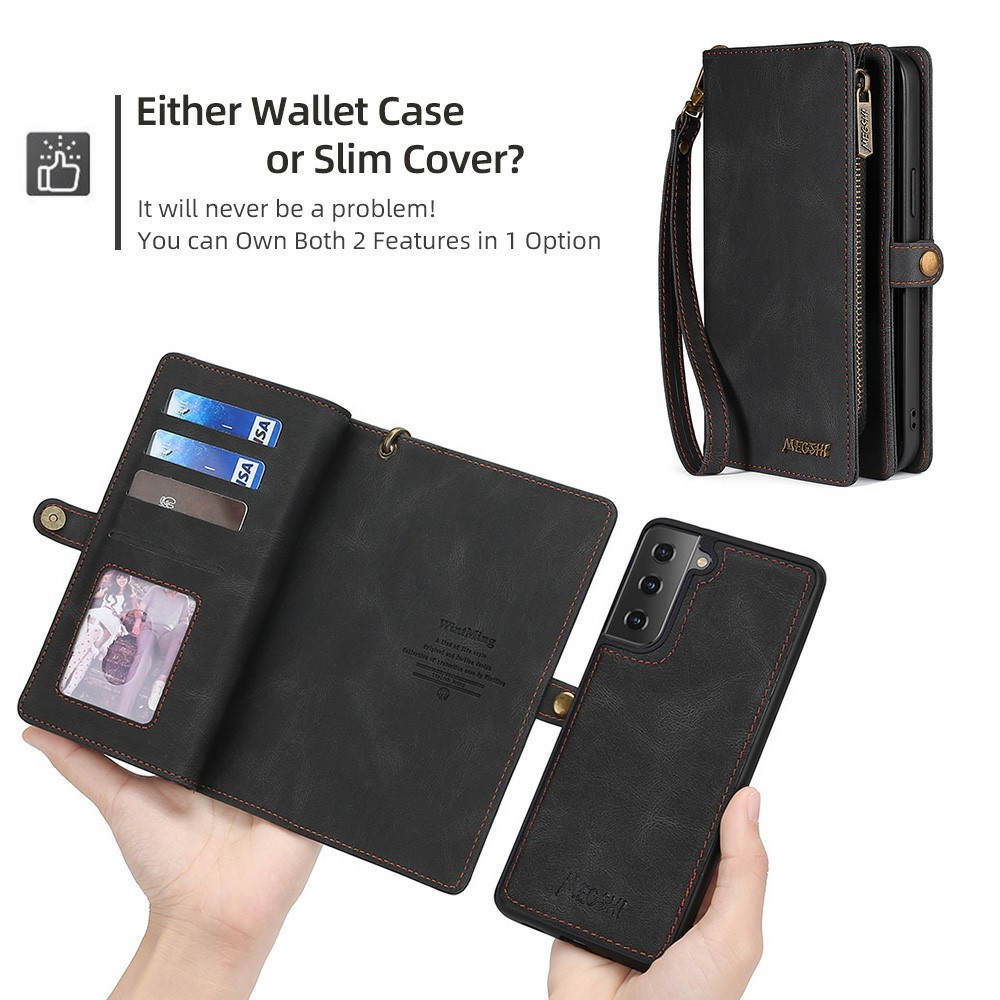 MEGSHI 017 Series Handy Strap Drop-proof Magnetic Absorption Multi-function Zippered Wallet Detachable Leather Cover for Samsung Galaxy S21 FE 5G/S21 Fan Edition - Black-7