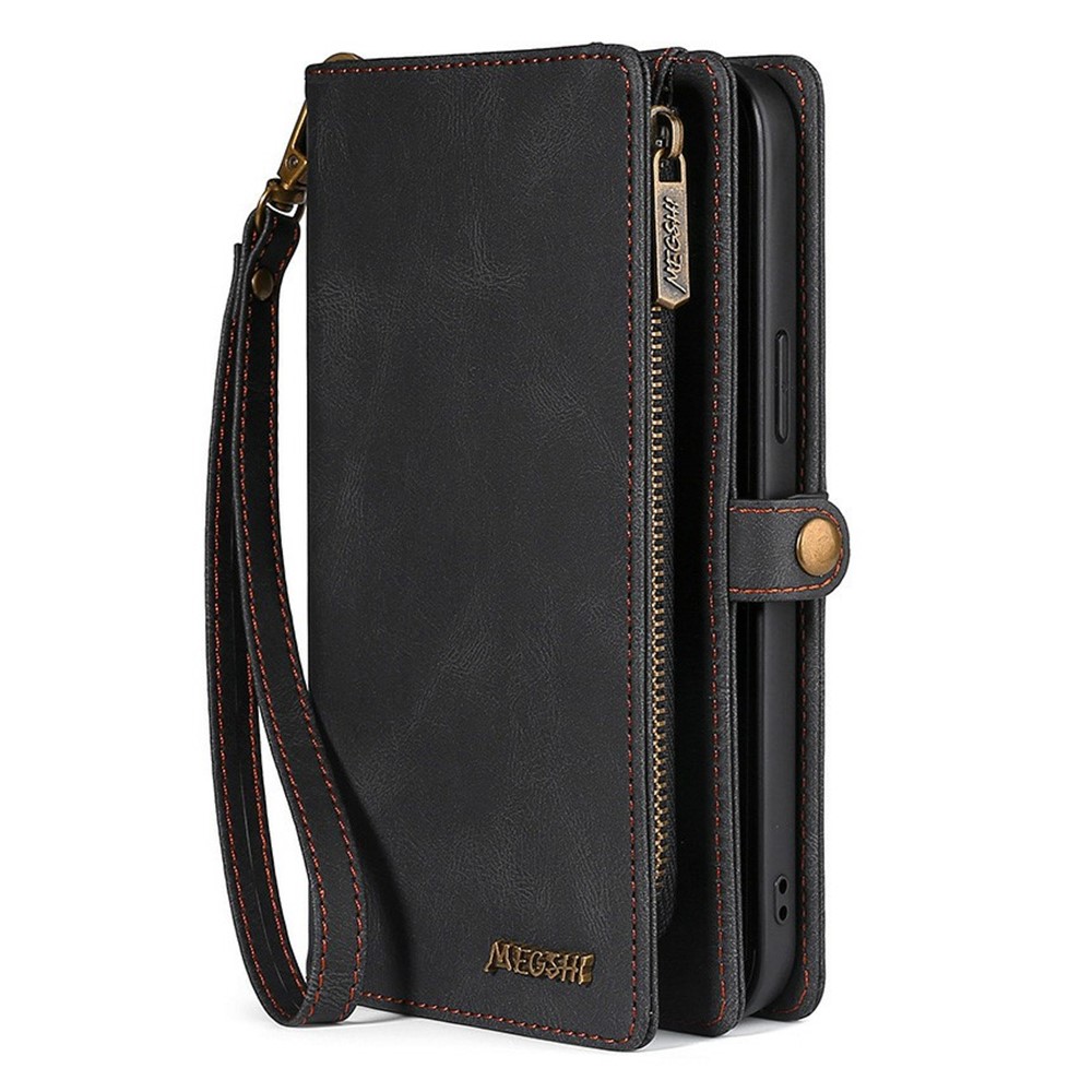 MEGSHI 017 Series Handy Strap Drop-proof Magnetic Absorption Multi-function Zippered Wallet Detachable Leather Cover for Samsung Galaxy S21 FE 5G/S21 Fan Edition - Black-9