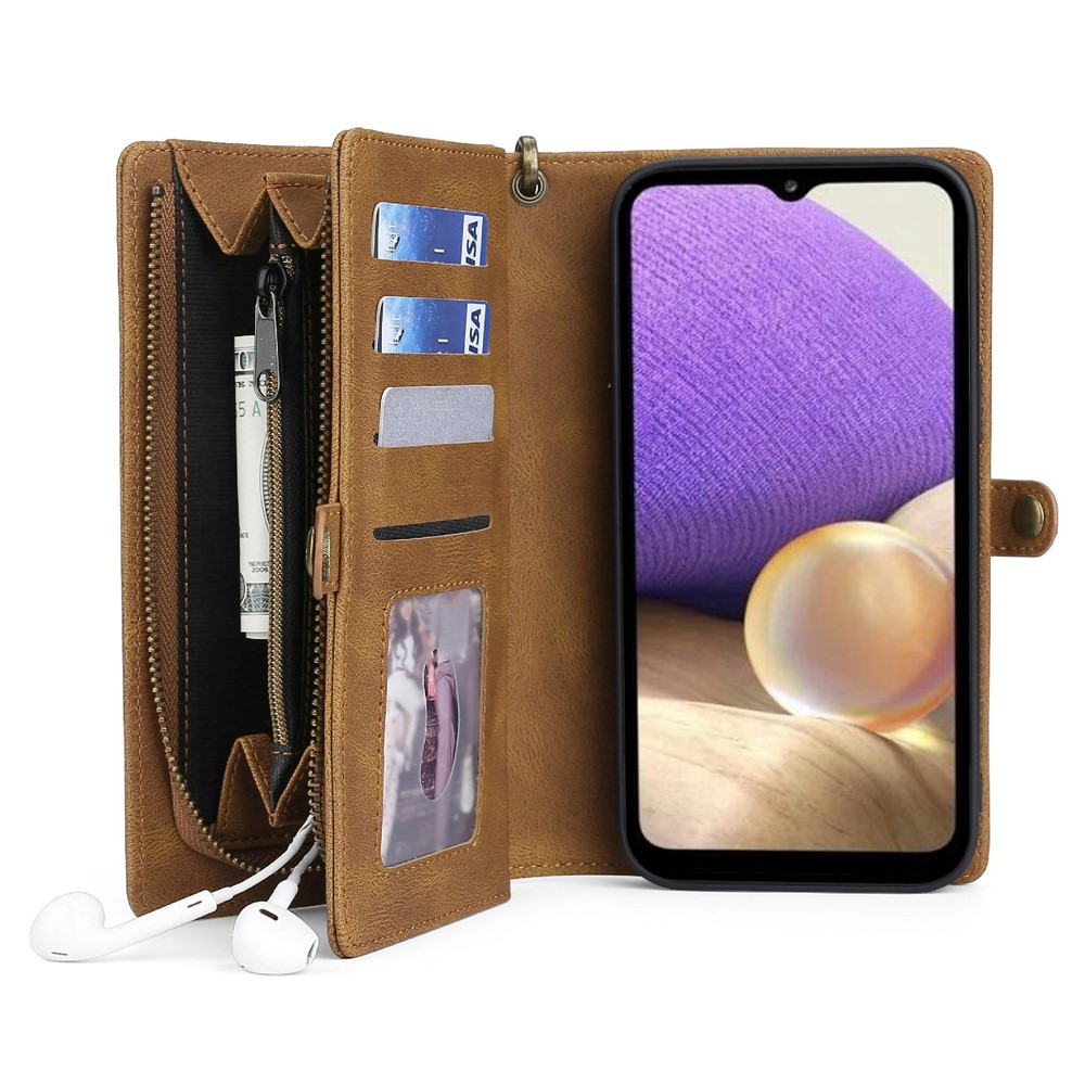 MEGSHI 017 Series Magnetic Absorption Zipper Pocket Stand 360-degree Protection Detachable Leather Phone Cover with Strap for Samsung Galaxy A32 5G - Brown-1