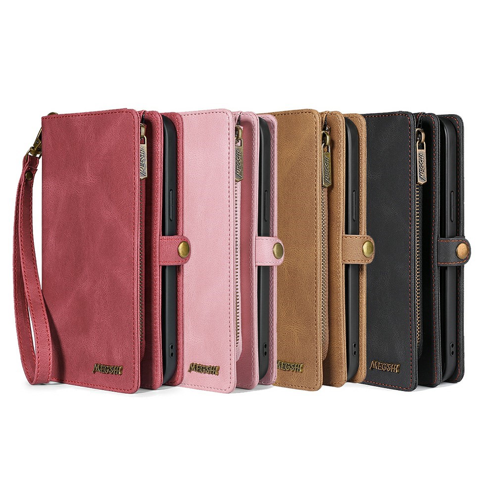 MEGSHI 017 Series Magnetic Absorption Zipper Pocket Stand 360-degree Protection Detachable Leather Phone Cover with Strap for Samsung Galaxy A32 5G - Brown-12