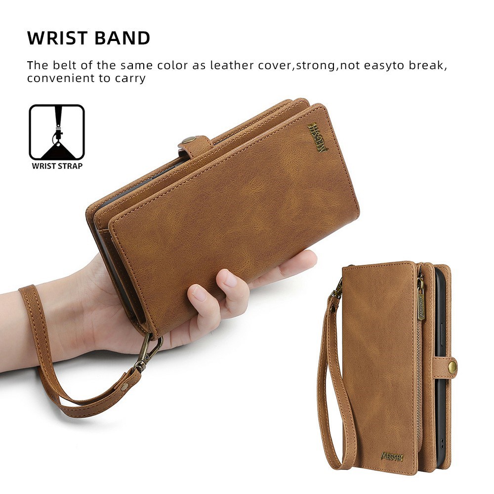 MEGSHI 017 Series Magnetic Absorption Zipper Pocket Stand 360-degree Protection Detachable Leather Phone Cover with Strap for Samsung Galaxy A32 5G - Brown-2