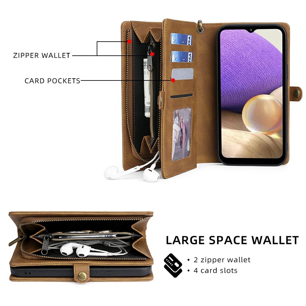 MEGSHI 017 Series Magnetic Absorption Zipper Pocket Stand 360-degree Protection Detachable Leather Phone Cover with Strap for Samsung Galaxy A32 5G - Brown-3