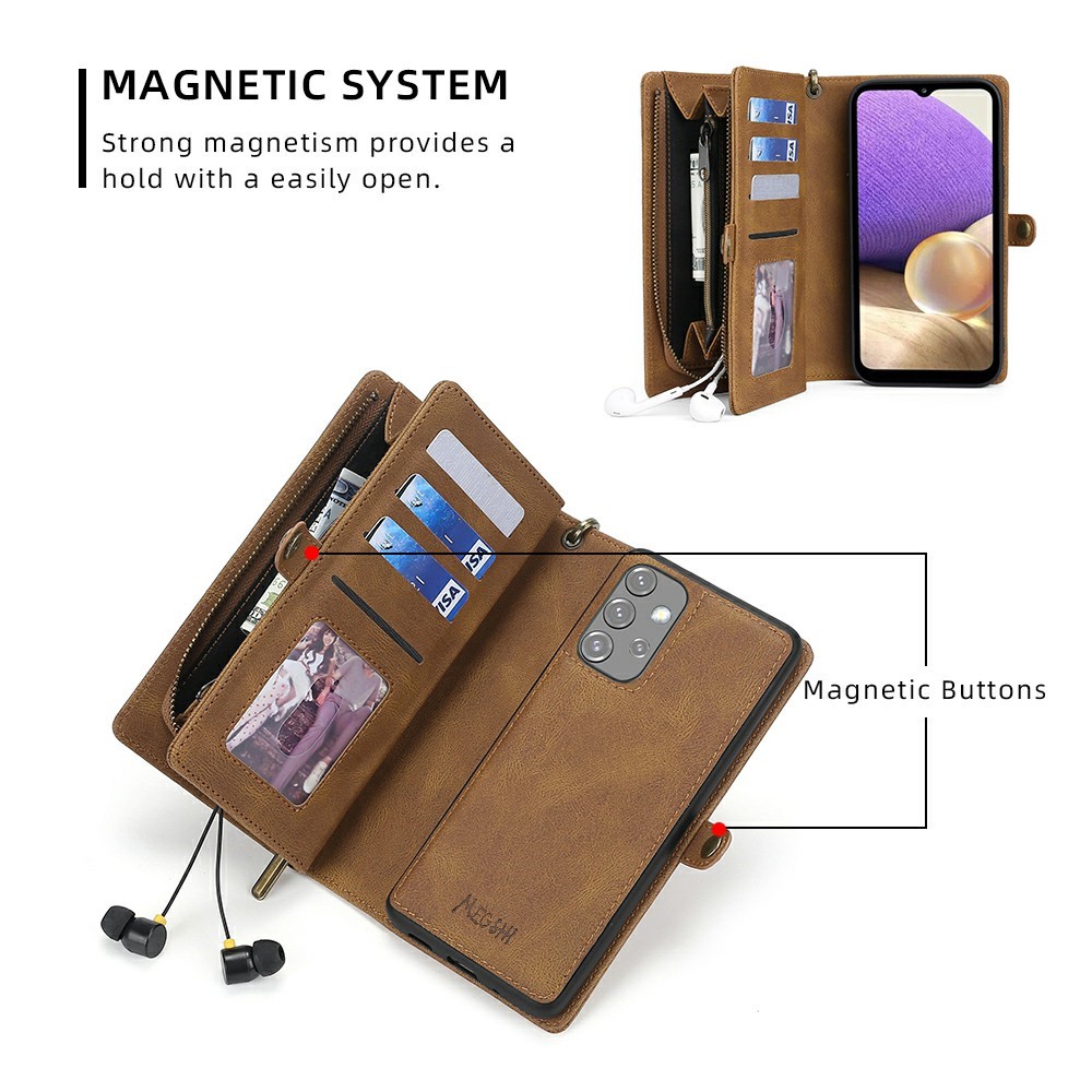 MEGSHI 017 Series Magnetic Absorption Zipper Pocket Stand 360-degree Protection Detachable Leather Phone Cover with Strap for Samsung Galaxy A32 5G - Brown-4