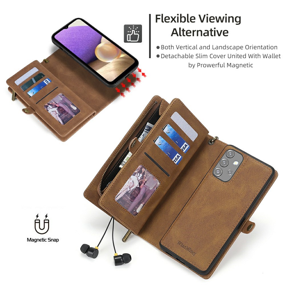 MEGSHI 017 Series Magnetic Absorption Zipper Pocket Stand 360-degree Protection Detachable Leather Phone Cover with Strap for Samsung Galaxy A32 5G - Brown-6