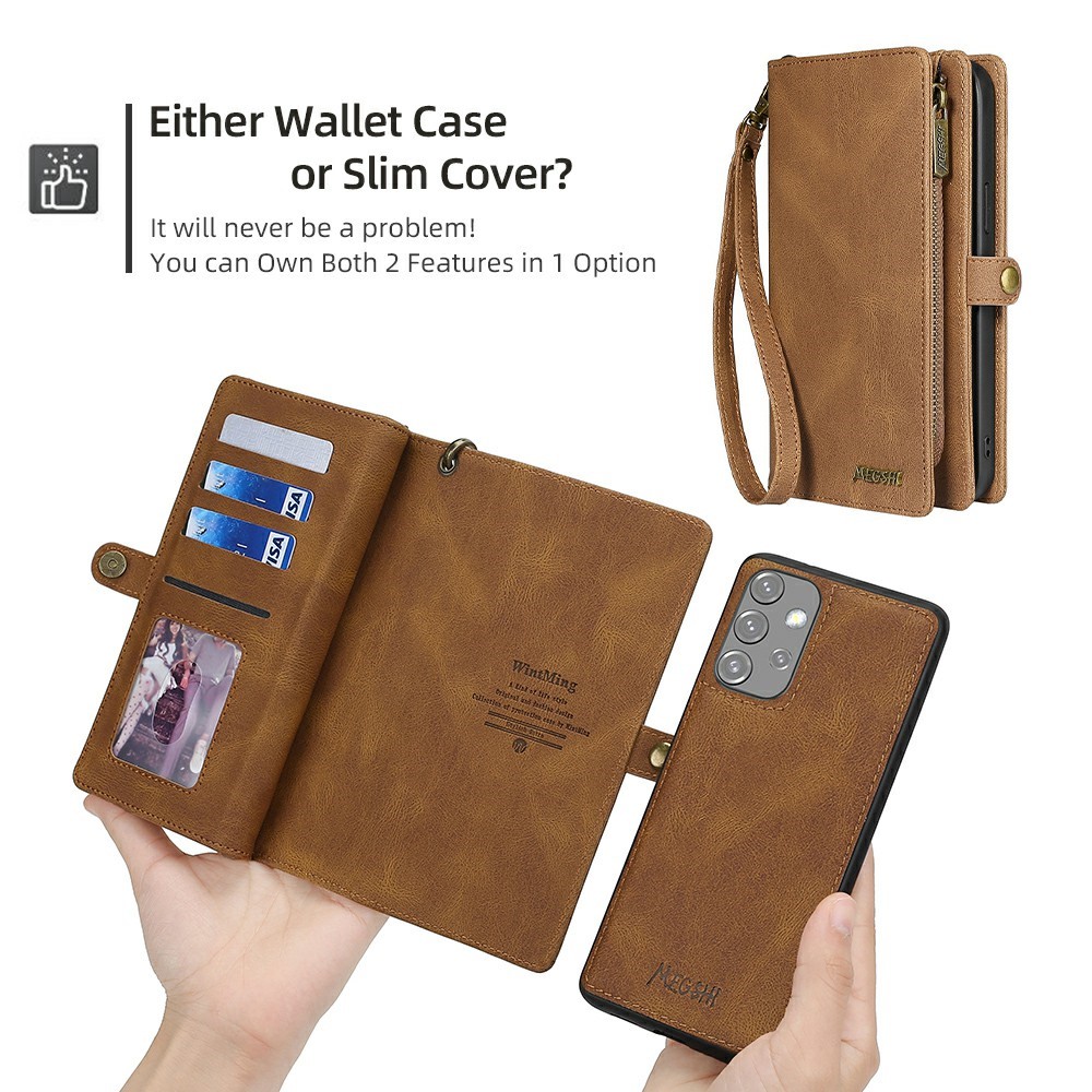 MEGSHI 017 Series Magnetic Absorption Zipper Pocket Stand 360-degree Protection Detachable Leather Phone Cover with Strap for Samsung Galaxy A32 5G - Brown-7