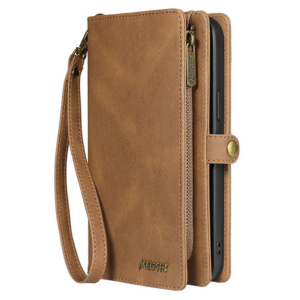 MEGSHI 017 Series Magnetic Absorption Zipper Pocket Stand 360-degree Protection Detachable Leather Phone Cover with Strap for Samsung Galaxy A32 5G - Brown-9