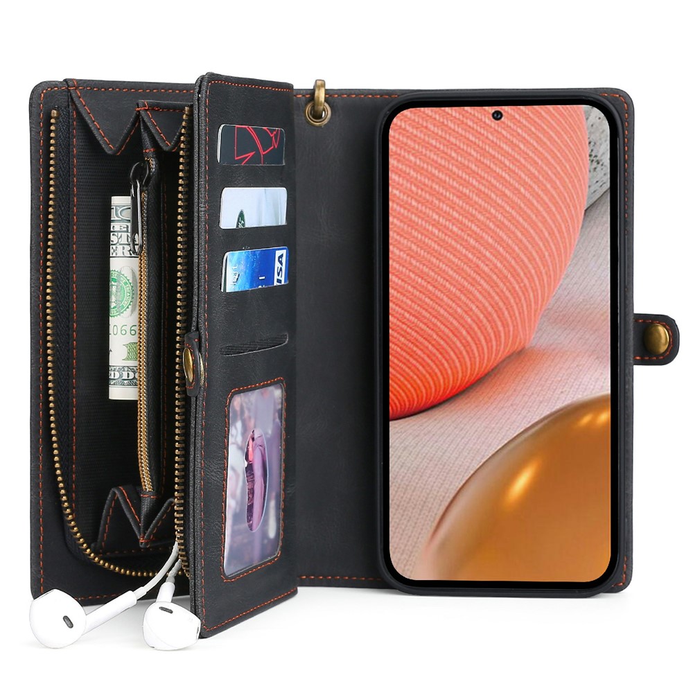 MEGSHI 017 Series Wrist Strap Drop-proof Anti-scratch Magnetic Absorption Zipper Pocket Detachable Leather Case for Samsung Galaxy A72 4G/5G - Black-1