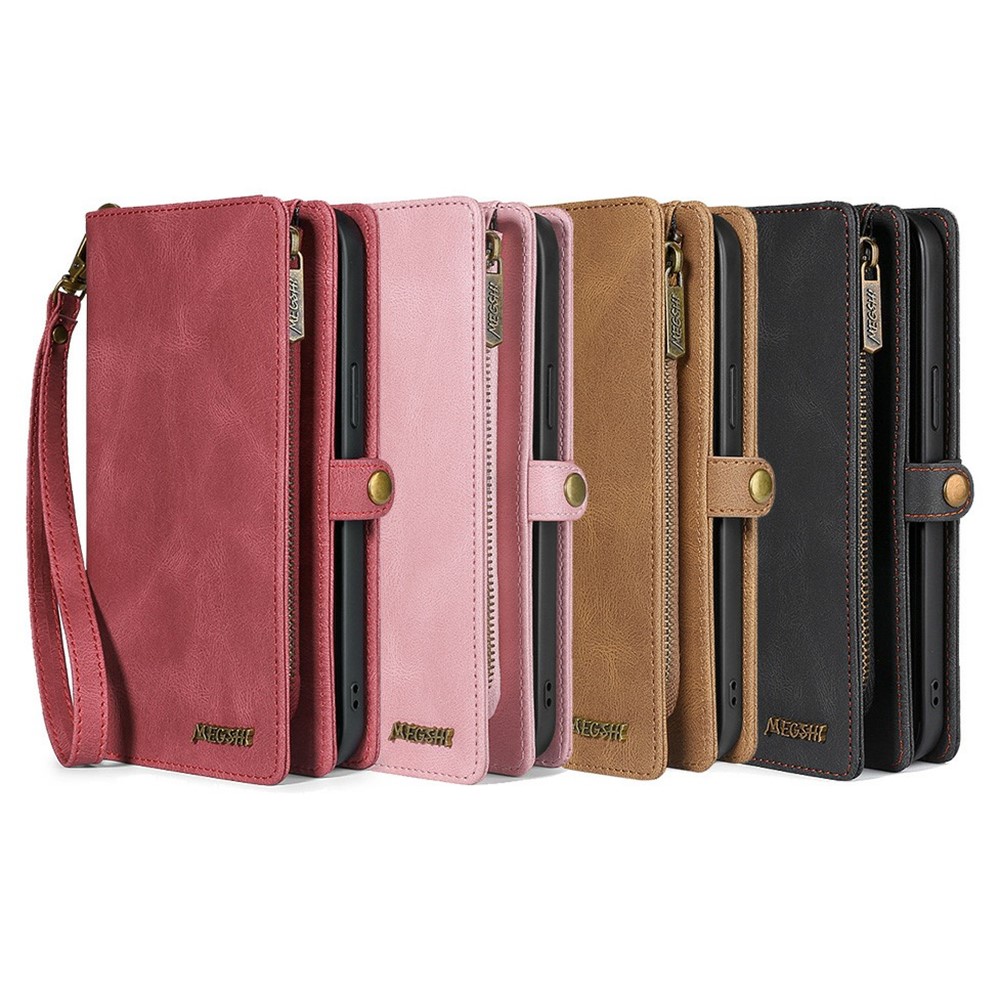 MEGSHI 017 Series Wrist Strap Drop-proof Anti-scratch Magnetic Absorption Zipper Pocket Detachable Leather Case for Samsung Galaxy A72 4G/5G - Black-12