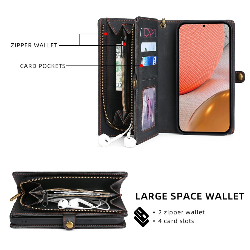 MEGSHI 017 Series Wrist Strap Drop-proof Anti-scratch Magnetic Absorption Zipper Pocket Detachable Leather Case for Samsung Galaxy A72 4G/5G - Black-3
