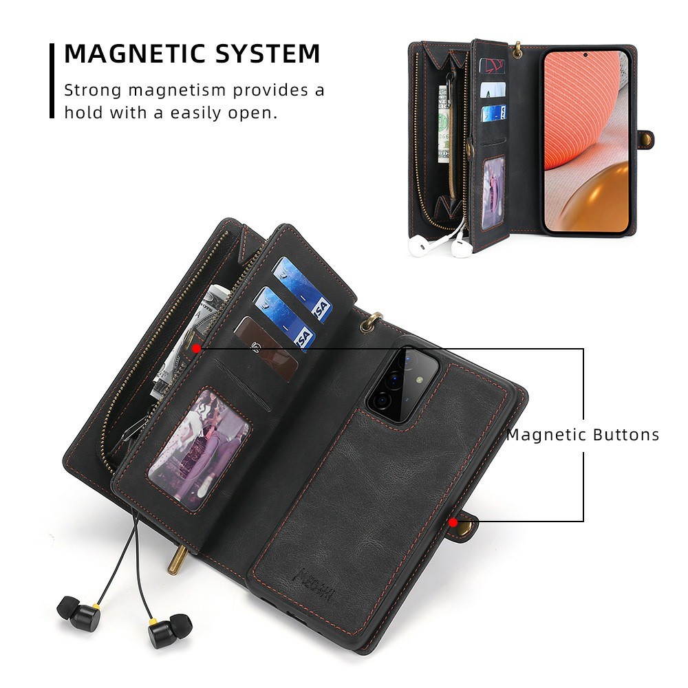 MEGSHI 017 Series Wrist Strap Drop-proof Anti-scratch Magnetic Absorption Zipper Pocket Detachable Leather Case for Samsung Galaxy A72 4G/5G - Black-4