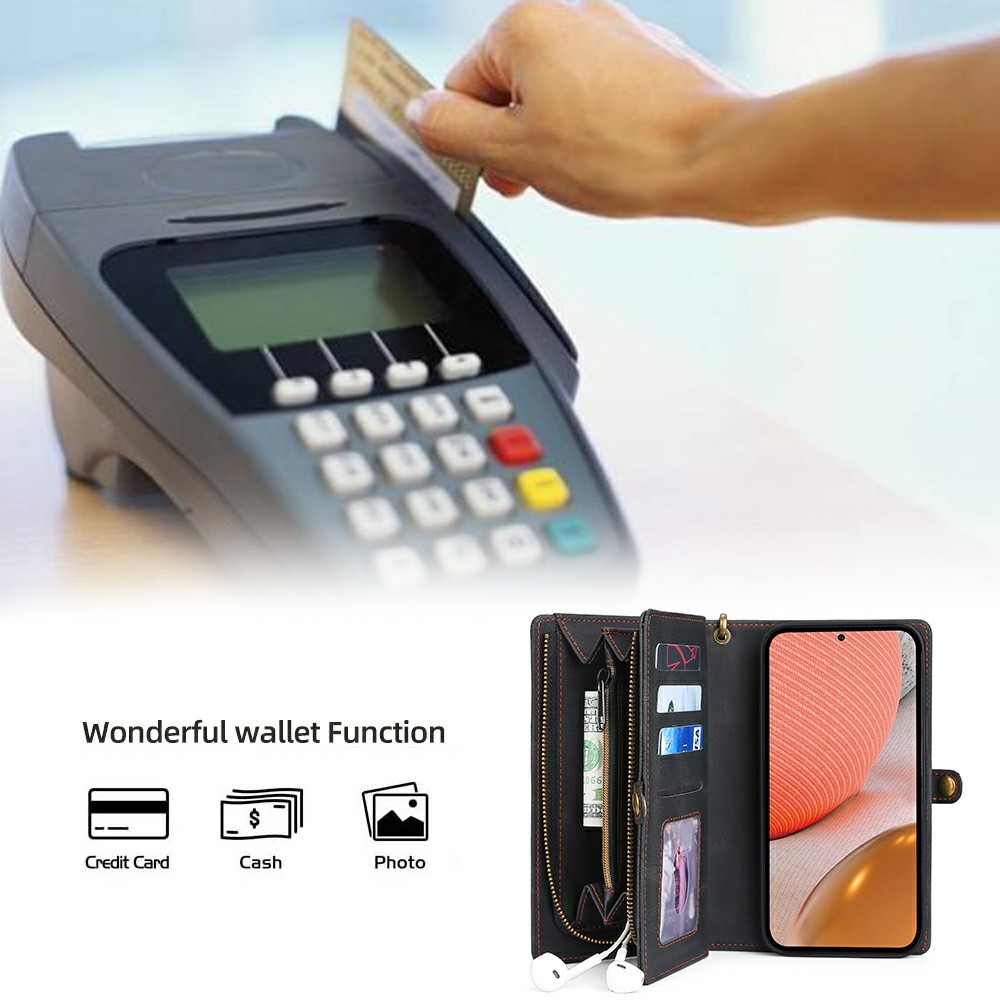 MEGSHI 017 Series Wrist Strap Drop-proof Anti-scratch Magnetic Absorption Zipper Pocket Detachable Leather Case for Samsung Galaxy A72 4G/5G - Black-5
