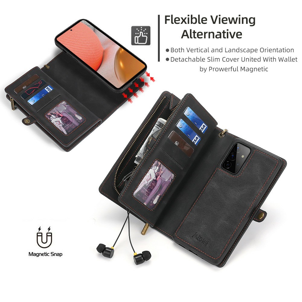 MEGSHI 017 Series Wrist Strap Drop-proof Anti-scratch Magnetic Absorption Zipper Pocket Detachable Leather Case for Samsung Galaxy A72 4G/5G - Black-6