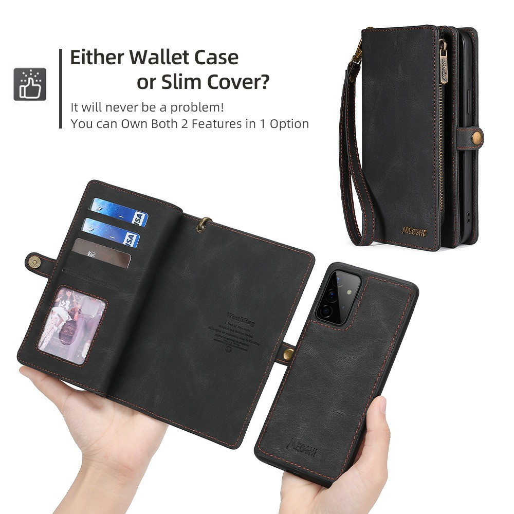 MEGSHI 017 Series Wrist Strap Drop-proof Anti-scratch Magnetic Absorption Zipper Pocket Detachable Leather Case for Samsung Galaxy A72 4G/5G - Black-7