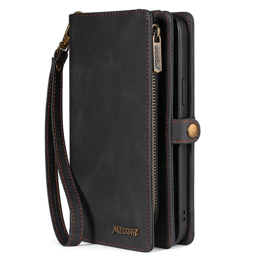 MEGSHI 017 Series Wrist Strap Drop-proof Anti-scratch Magnetic Absorption Zipper Pocket Detachable Leather Case for Samsung Galaxy A72 4G/5G - Black-9