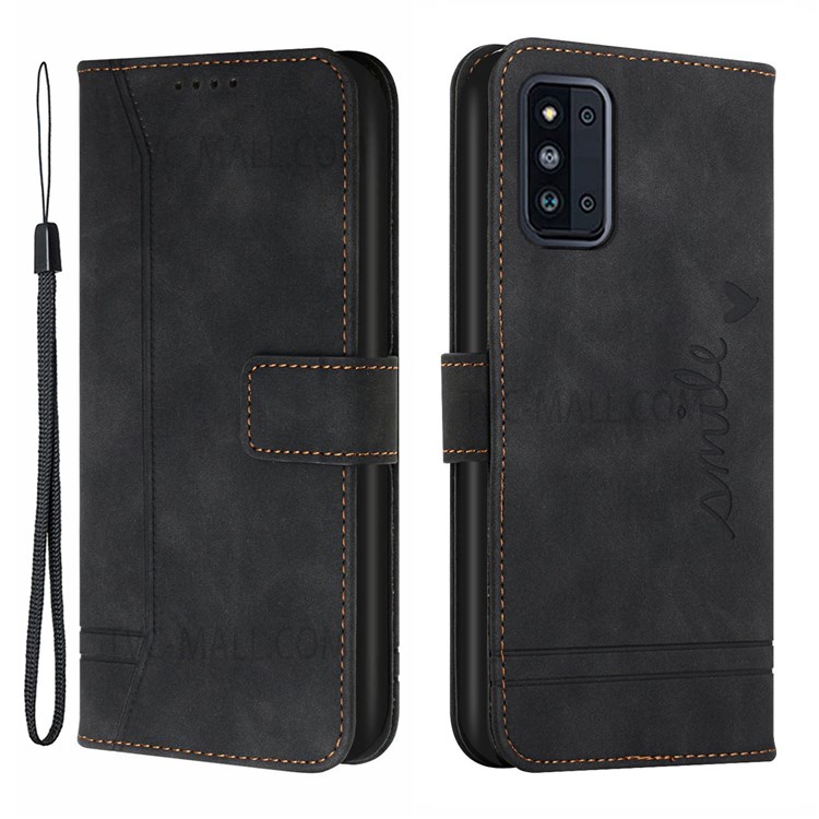 003 Series Skin-touch Feel Heart Shape Imprint PU Leather Wallet Stand Cover with Strap for Samsung Galaxy F52 5G - Black-1