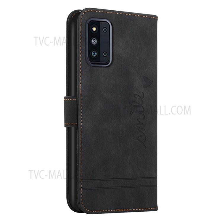 003 Series Skin-touch Feel Heart Shape Imprint PU Leather Wallet Stand Cover with Strap for Samsung Galaxy F52 5G - Black-3
