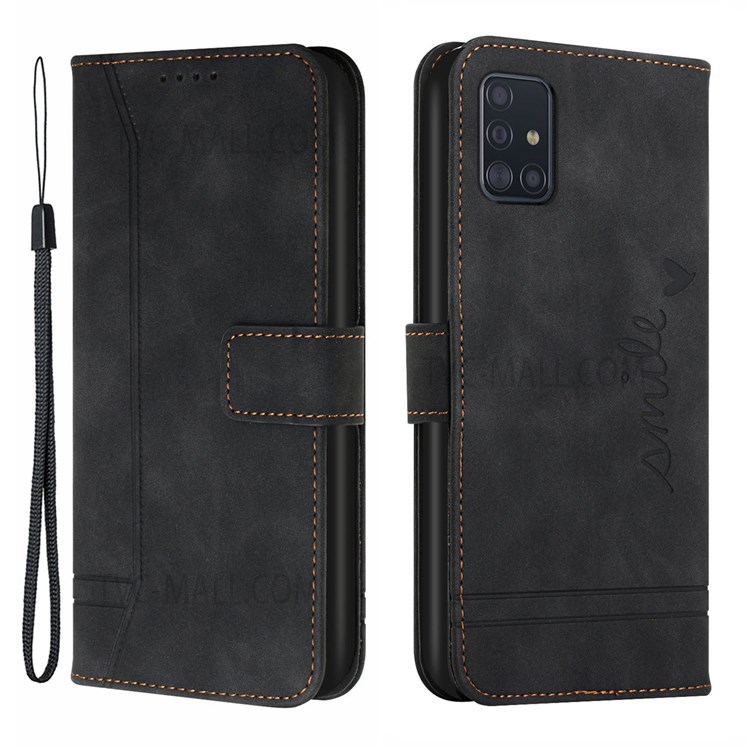003 Series Full Protective Skin Feel Heart Shape Anti-fall Imprint Leather Wallet Stand Shell with Strap for Samsung Galaxy A71 5G SM-A716 - Black-1