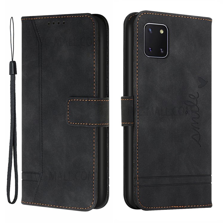 003 Series Full Protective Drop-resistant Skin Feel Heart Shape Imprint Leather Wallet Stand Shell with Strap for Samsung Galaxy A81/M60S/Note 10Lite - Black-1