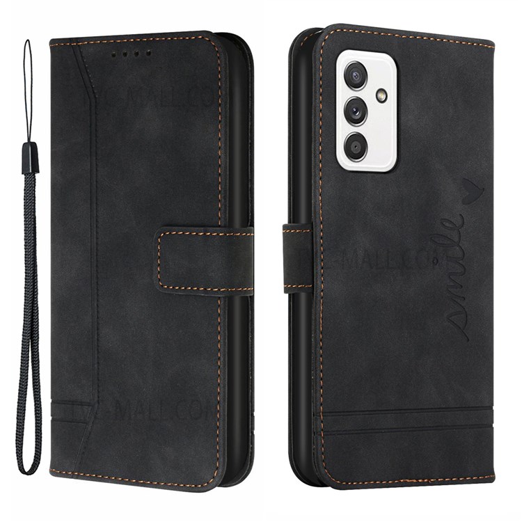 003 Series Stand Feature Heart Shape Imprinted Skin-touch PU Leather Wallet Protective Shockproof Cover with Strap for Samsung Galaxy A82 5G / Quantum 2 5G - Black-1
