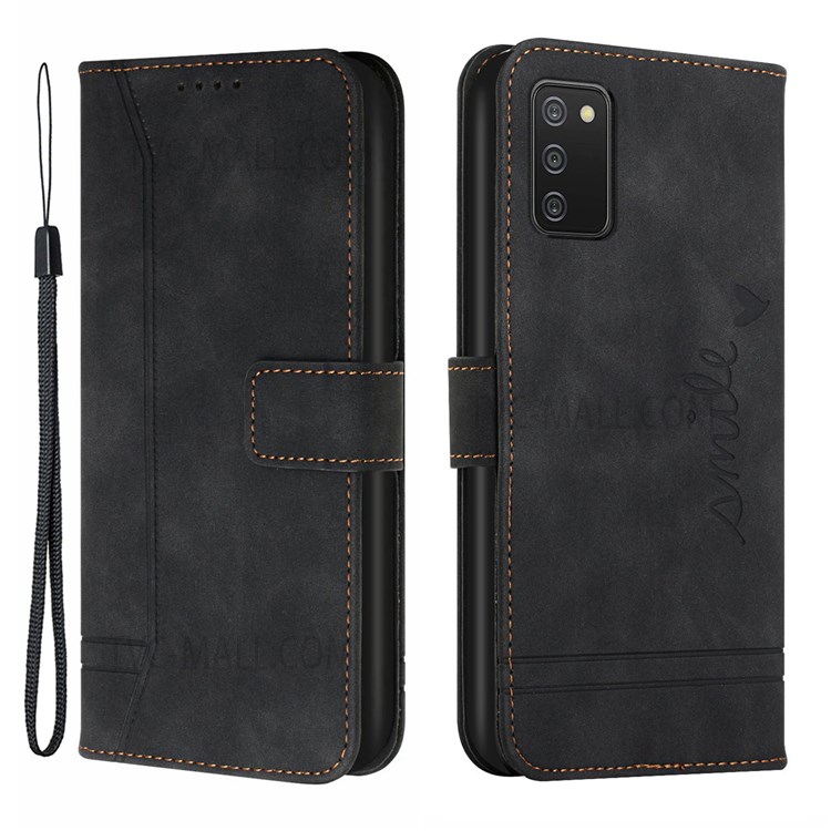 003 Series Heart Shape Imprinted Skin-touch PU Leather Wallet Stand Shockproof Case with Strap for Samsung Galaxy A03s (164.2 x 75.9 x 9.1mm) - Black-1