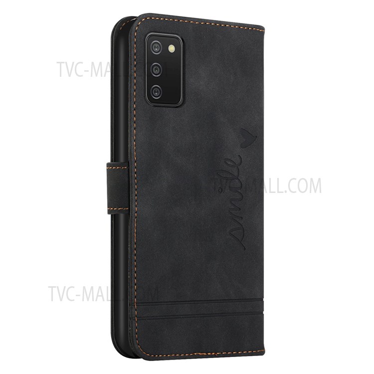 003 Series Heart Shape Imprinted Skin-touch PU Leather Wallet Stand Shockproof Case with Strap for Samsung Galaxy A03s (164.2 x 75.9 x 9.1mm) - Black-3