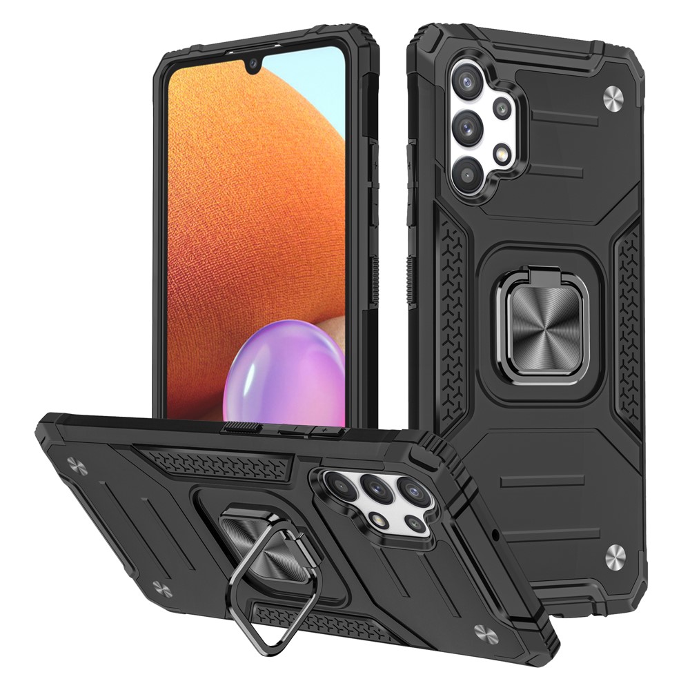 Rotation Ring Holder Kickstand Hard PC + Soft TPU Anti-Shock Well-Protected Case with Metal Sheet for Samsung Galaxy A32 4G (EU Version) - Black-1