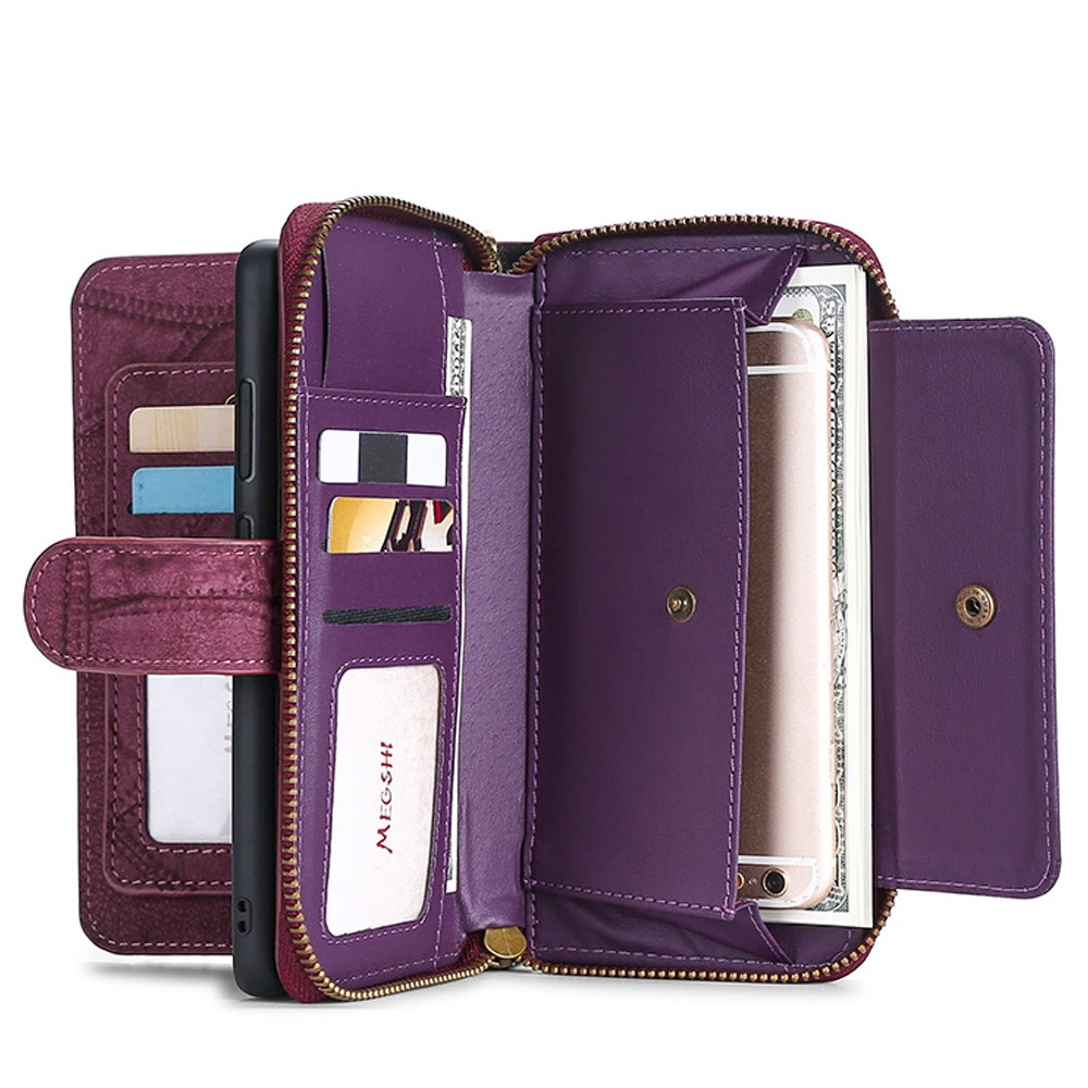 MEGSHI 004 Series Scratch Resistant Magnetic Detachable Stand Design Zipper Pocket Shockproof PU Leather TPU Wallet Cover for Samsung Galaxy Note20 Ultra 5G/4G - Wine Red-1