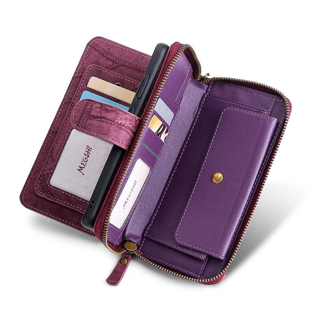 MEGSHI 004 Series Scratch Resistant Magnetic Detachable Stand Design Zipper Pocket Shockproof PU Leather TPU Wallet Cover for Samsung Galaxy Note20 Ultra 5G/4G - Wine Red-2