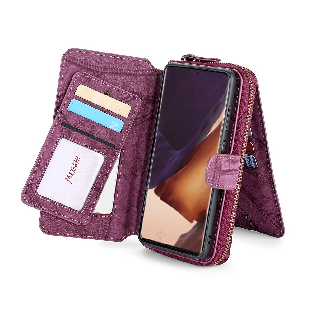 MEGSHI 004 Series Scratch Resistant Magnetic Detachable Stand Design Zipper Pocket Shockproof PU Leather TPU Wallet Cover for Samsung Galaxy Note20 Ultra 5G/4G - Wine Red-3