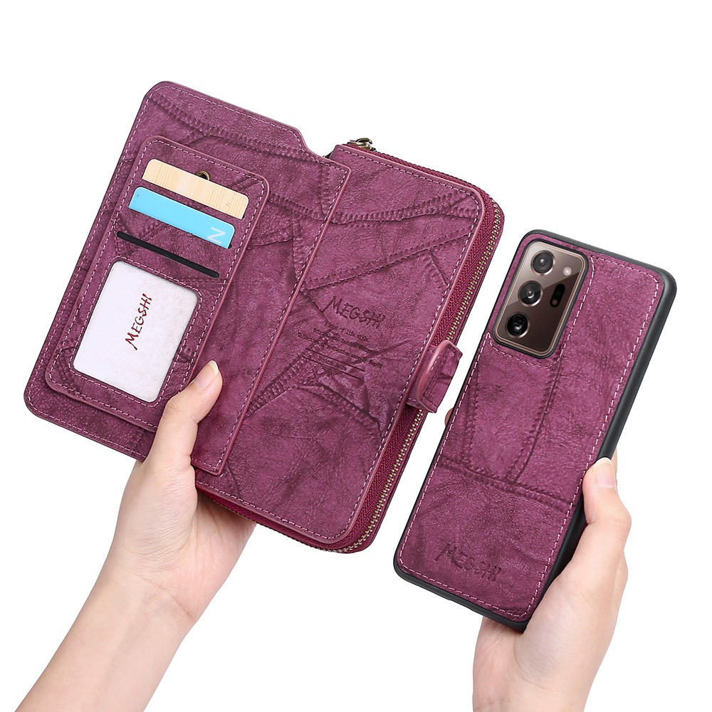 MEGSHI 004 Series Scratch Resistant Magnetic Detachable Stand Design Zipper Pocket Shockproof PU Leather TPU Wallet Cover for Samsung Galaxy Note20 Ultra 5G/4G - Wine Red-4