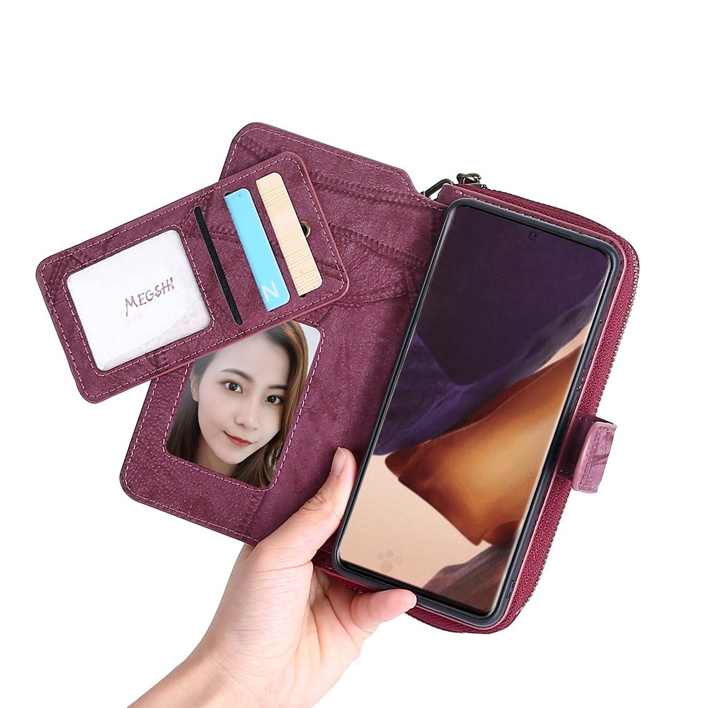 MEGSHI 004 Series Scratch Resistant Magnetic Detachable Stand Design Zipper Pocket Shockproof PU Leather TPU Wallet Cover for Samsung Galaxy Note20 Ultra 5G/4G - Wine Red-6